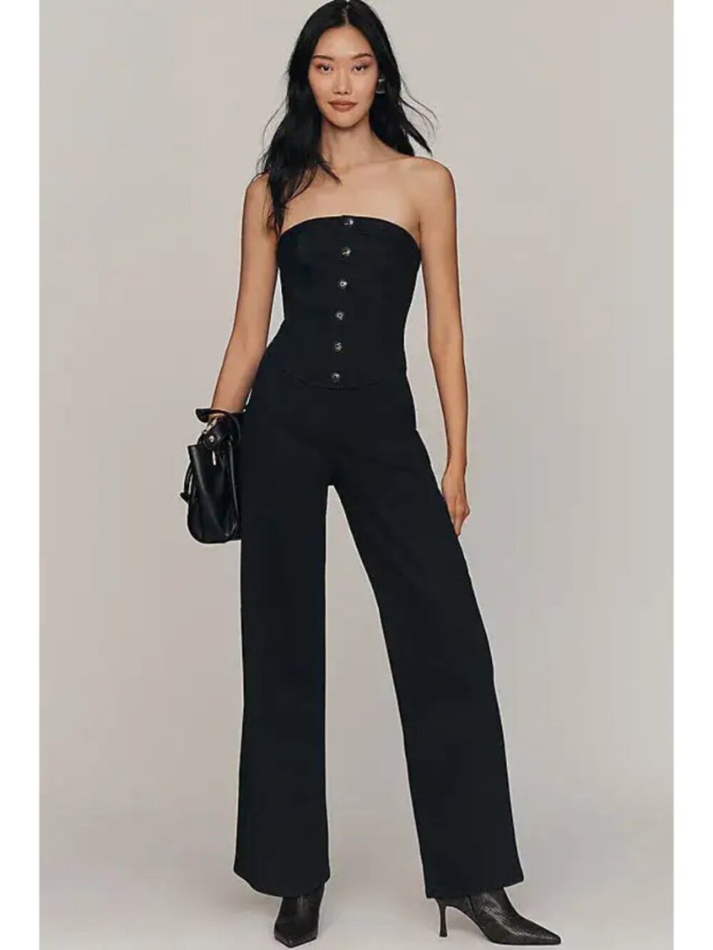Anthropologie Pilcro Strapless Corset Denim Jumpsuit in Black